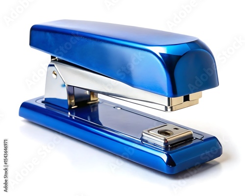 A blue stapler is isolated on white background, a common office tool used for fastening papers together