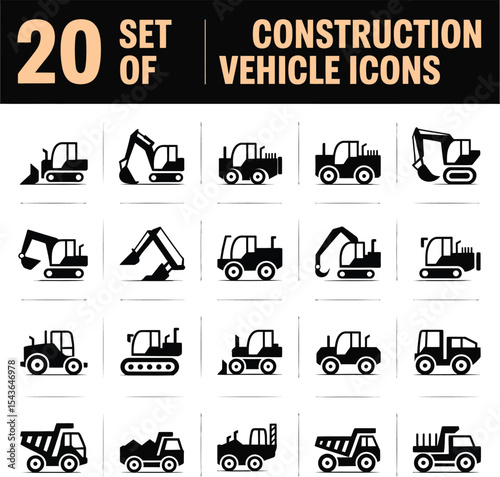 Twenty construction vehicle icons set black white