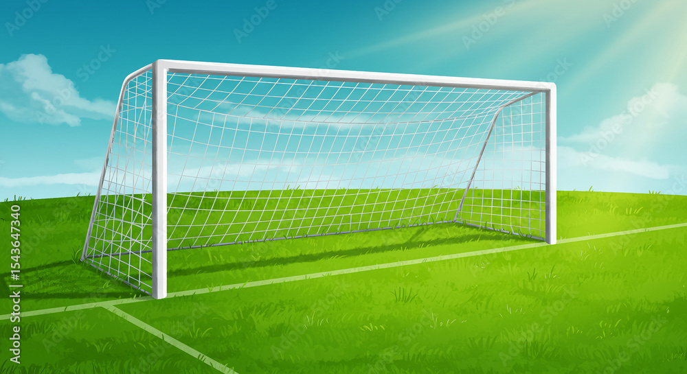 Fototapeta premium Classic Soccer Goal on Lush Green Field under Sunny Blue Sky