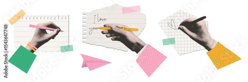 Set of halftone hands writing with pen on torn sheets of paper with scotch tape. Contemporary cutout collage for design template. Vector