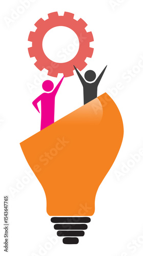the concept of success in business. vector illustration of a group of people working together to form a team and collaborating to turn on a light in unison and lifting a cogwheel as a symbol of succes