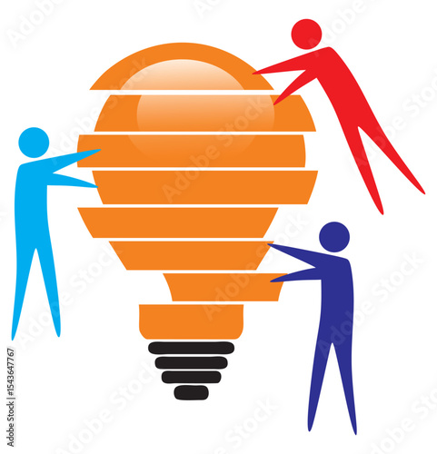 the concept of success in business. vector illustration of a group of people working together to form a team and collaboratively fixing a lamp cohesively as a symbol of company success and achievement