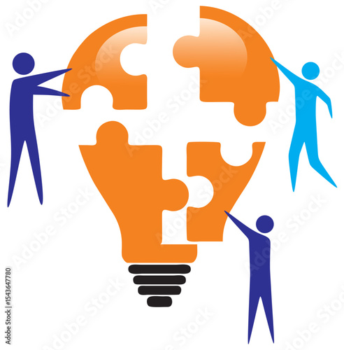 the concept of success in business. vector illustration of a group of people working together to form a team and collaborate to fix a puzzle light in unison as a symbol of the company's success and ac