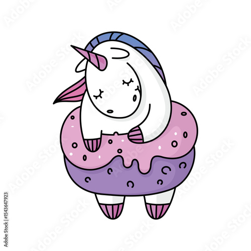 A cartoon unicorn with a colorful mane sits atop a large donut covered in pink and purple frosting, exuding a whimsical and playful vibe. The character looks adorable and inviting