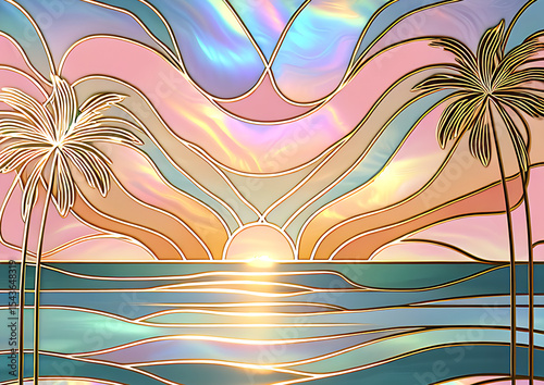 Rainbow pearlescent background with golden pattern of sunset on the coast with palm trees