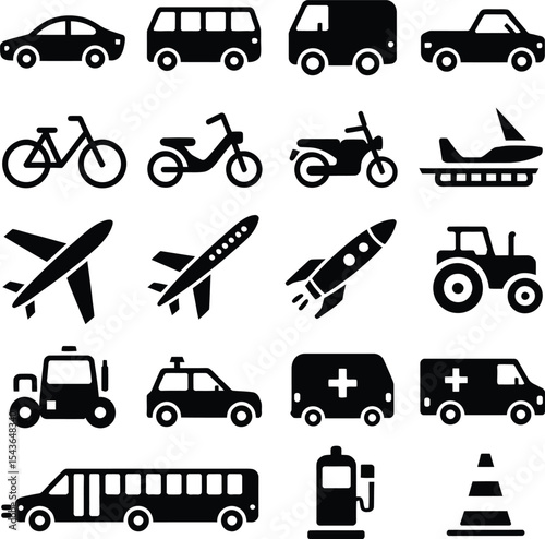 Transportation icons set black silhouette