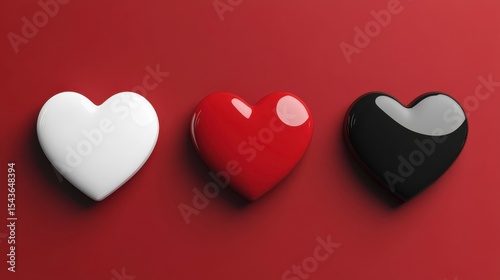 Three Glossy Hearts  White  Brown  Black on Brown Background
