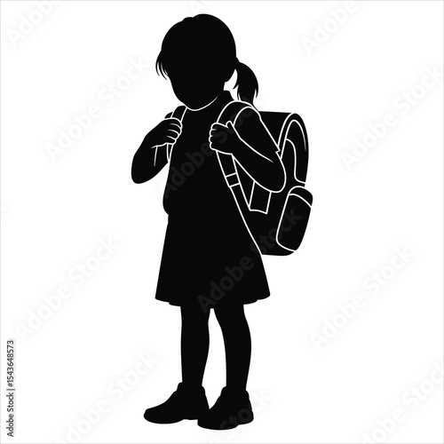 Girl Adjusting School Bag Straps on white background 