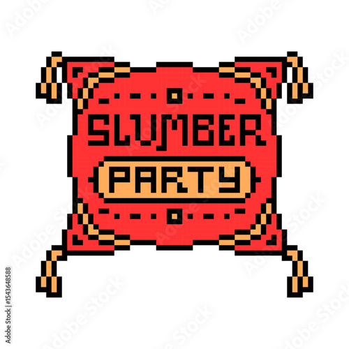 Vector pixel art illustration of a red square throw pillow with yellow tassels and slumber party text embroidery isolated on white background.