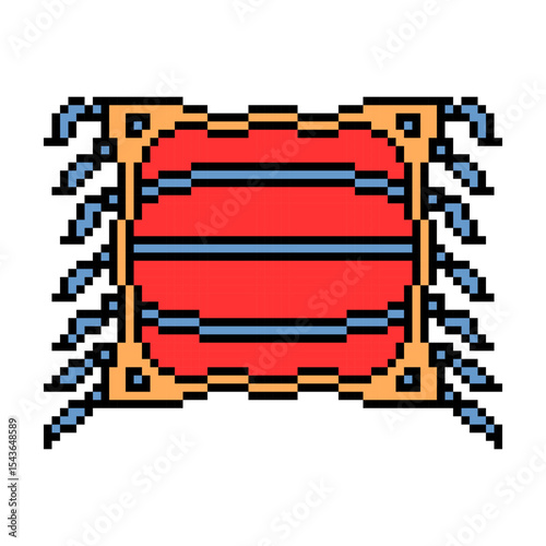 Vector pixel art illustration of a red square throw pillow with yellow trims, blue tassels and stripe print isolated on white background.