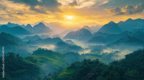 Misty Sunrise Over Rice Terraces and Mountains