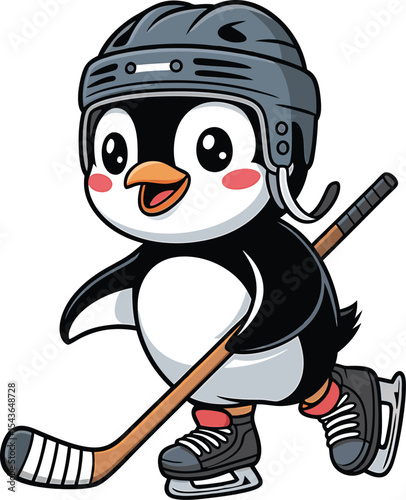 Cute Cartoon Penguin Ice Hockey Player Gray Helmet Stick Skates