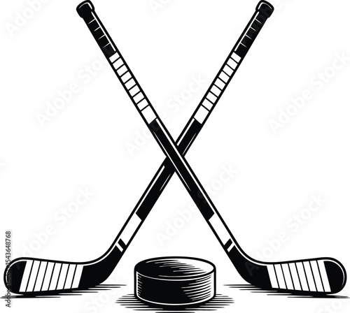 Black and White Hockey Sticks Crossed with Puck vector
