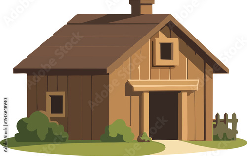 Rustic Wooden Farmhouse with Green Bushes and Fenced Garden – Rural Architecture Illustration