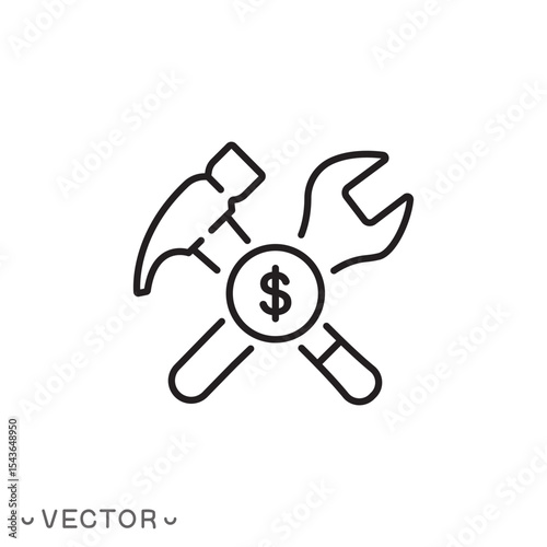 cost of repair icon, hammer wrench and dollar coin, price of repair work concept, thin line symbol isolated on white background, editable stroke eps 10 vector illustration