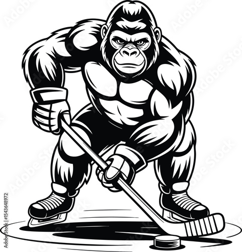 Gorilla Ice Hockey Player Black and White Illustration photo