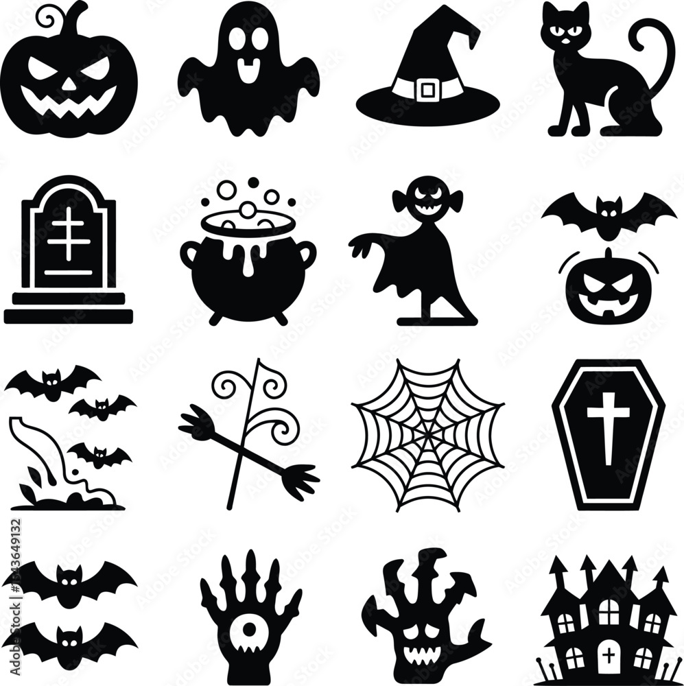 Obraz premium Halloween icon set black and white silhouettes