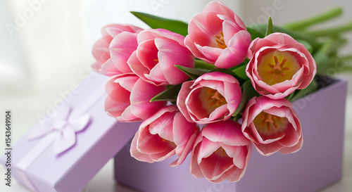 pink tulips, bouquet, close-up, soft focus, purple background, natural lighting, detailed floral arrangement, botanical, flowers
