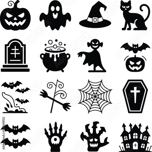 Halloween icon set black and white silhouettes