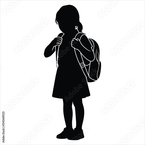 Girl Adjusting School Bag Straps on white background 