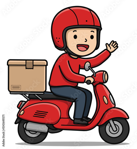Package delivery man riding classic red scooter