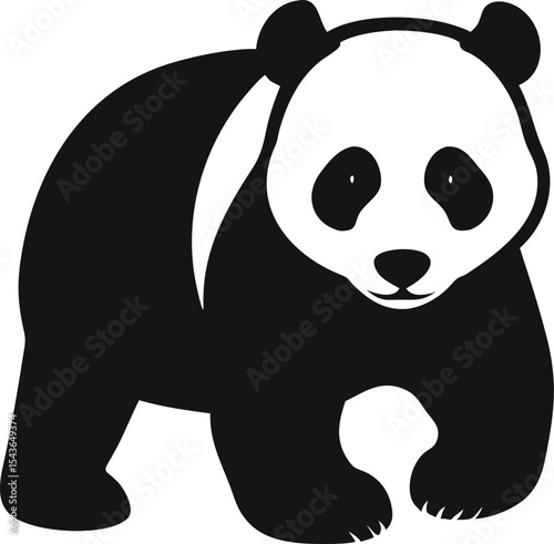 Minimalist black silhouette vector illustration of a giant panda on white background, symbolizing wildlife conservation, nature protection, and iconic bear-themed logo design concepts