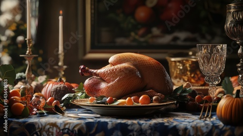 Roasted Turkey Thanksgiving Dinner Feast Table Setting