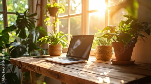 Work from home concept: Laptop on wooden desk, plants, sun shining through the window