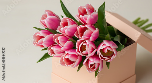 beautiful bouquet of pink tulips, close-up shot, soft lighting, natural arrangement, floral still life, delicate petals, green stems, wooden background, minimalist, high-quality, detailed, cinematic
