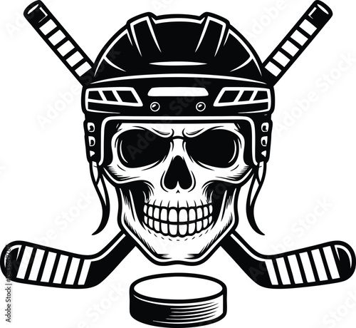 Skull wearing hockey helmet with crossed hockey sticks and puck