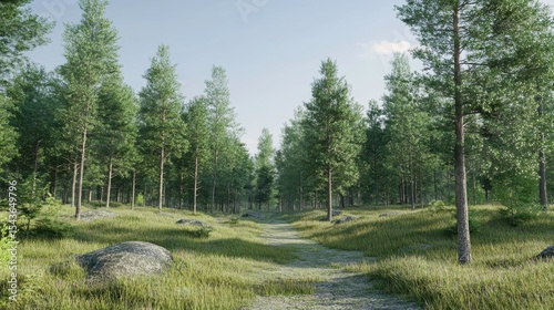 Serene Forest Path  Lush Green Trees  Grassy Trail
