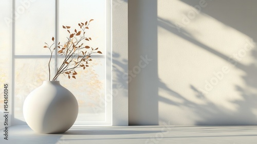 Minimalist Interior  White Vase  Dried Branches  Sunlit Window