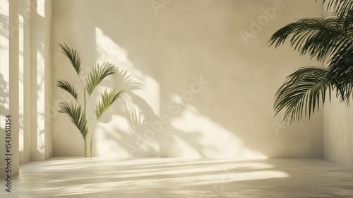 Sunlit Minimalist Room with Tropical Plants and Shadows