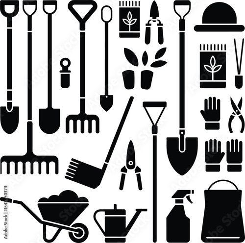Gardening tools and equipment icon set
