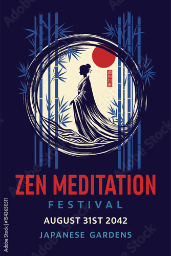 Zen meditation festival poster with geisha silhouette, bamboo forest and red sun in japanese style