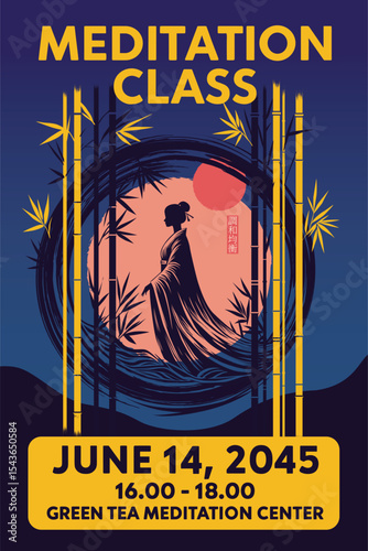 Meditation class poster with bamboo, geisha silhouette and sunset landscape