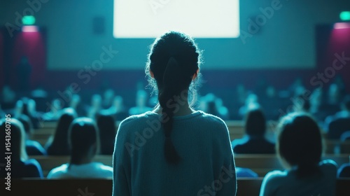 Woman watching movie in cinema  back view