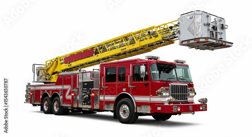 Red Fire Engine with Yellow Aerial Ladder Isolated on White Background