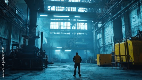 Industrial Worker in Factory  Large Hall  Machinery  Smoke