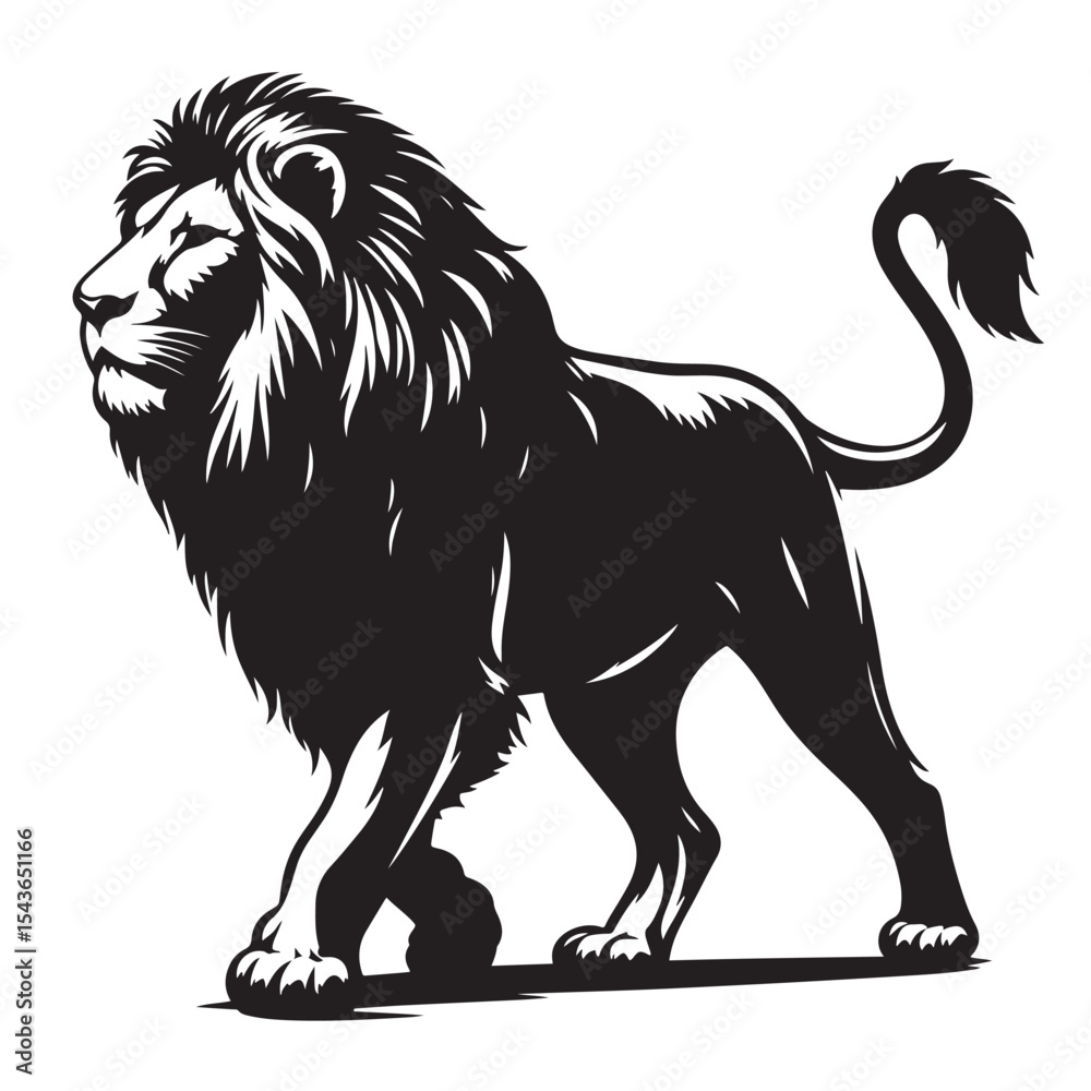 Obraz premium Elegant walking lion silhouette with head turned detailed black vector animal illustration ideal for wildlife artwork, nature prints, animal lovers, and digital crafting.