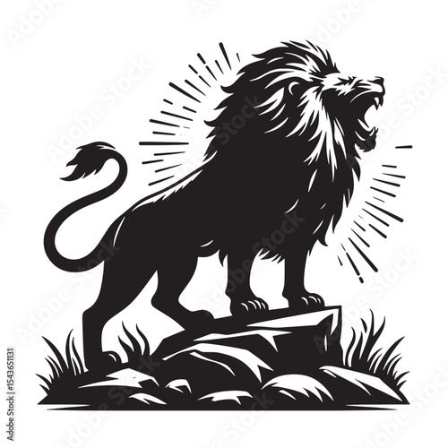 Majestic roaring lion silhouette standing on rocky terrain bold black vector animal design perfect for wildlife, safari, jungle themes, nature decor, and adventure branding.