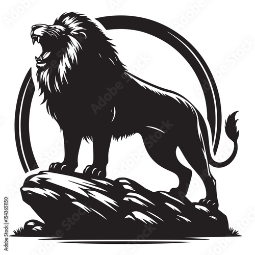 Majestic roaring lion silhouette standing on rocky terrain bold black vector animal design perfect for wildlife, safari, jungle themes, nature decor, and adventure branding.