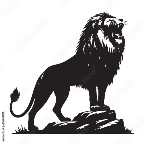 Majestic roaring lion silhouette standing on rocky terrain bold black vector animal design perfect for wildlife, safari, jungle themes, nature decor, and adventure branding.