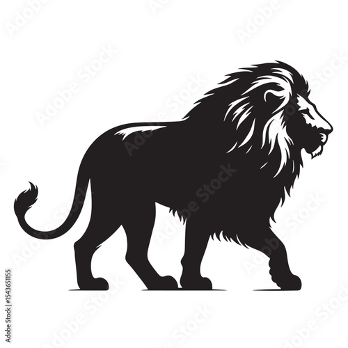 Elegant walking lion silhouette with head turned detailed black vector animal illustration ideal for wildlife artwork, nature prints, animal lovers, and digital crafting.