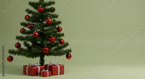 christmas tree, holiday, ornaments, presents, decorated, festive, green background, red, lights, christmas, winter
