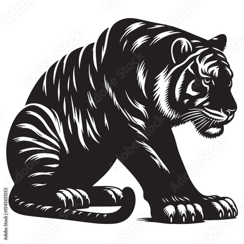 Crouching tiger silhouette in sleek black vector style – ideal for nature cut files, predator designs, digital art, and exotic wildlife products.