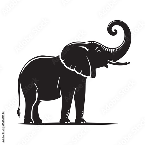 Majestic elephant silhouette with raised trunk – elegant black vector graphic perfect for safari themes, wildlife branding, educational content, and cultural art projects.