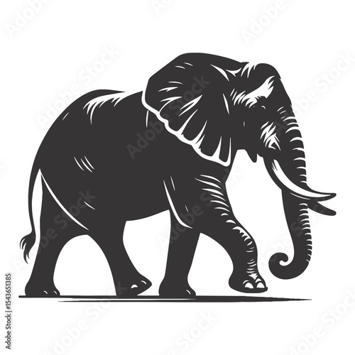 Walking elephant silhouette with tusks in black vector style. Perfect for wildlife posters, safari prints, nature education, and cultural decor.