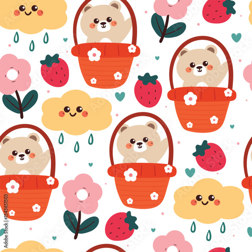 cute hand drawing cartoon bear inside basket with sky element seamless pattern. cute animal pattern in white background for gift warp paper and wallpaper