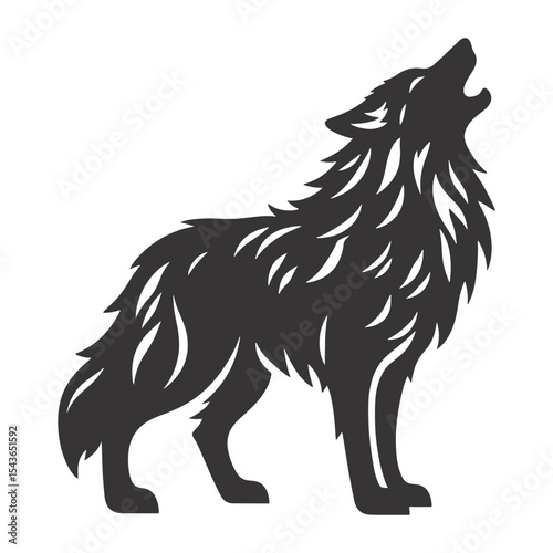 Howling wolf silhouette in bold black vector iconic wildlife scene for forest artwork, camping themes, nature branding, and night-time wilderness projects.
